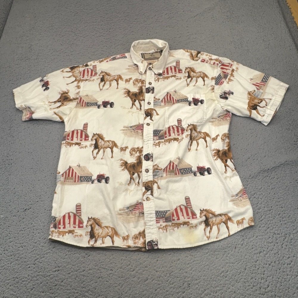 Bit & Bridle Button Up Shirt Mens Large Cream Horse Barn Tractor Street Retro